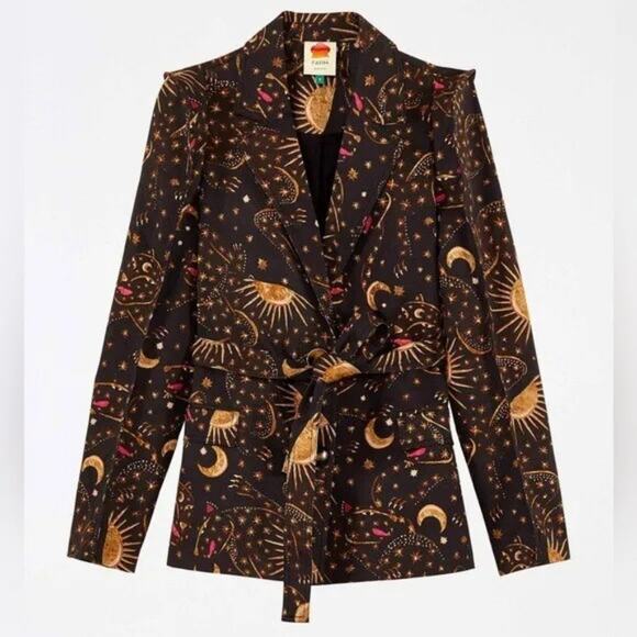 Farm Rio Leopard Sky Celestial Puff Sleeve Belted Blazer brown Jacket size large - Picture 1 of 9